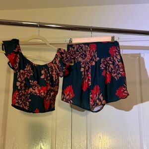 Teal Floral Two-Piece Crop Top & Short Set